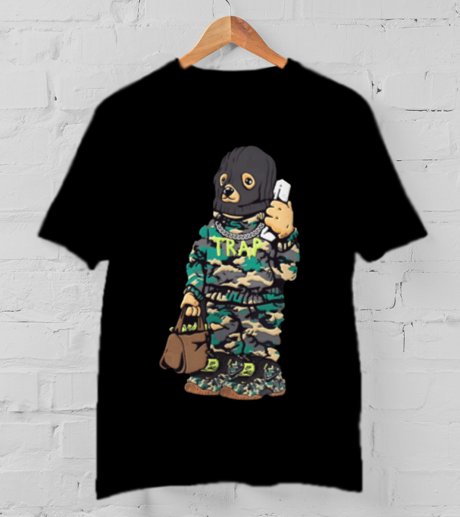 Bear Balaclava Camouflage Trap Outfit With Phone And Bag T-Shirt