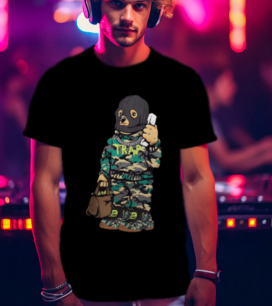 Bear Balaclava Camouflage Trap Outfit With Phone And Bag T-Shirt