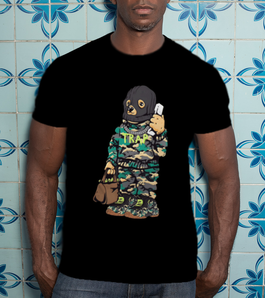 Bear Balaclava Camouflage Trap Outfit With Phone And Bag T-Shirt