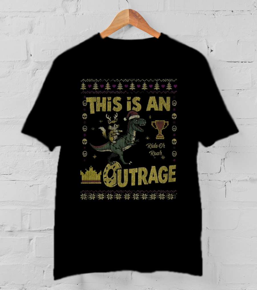 Dungeon Crawler Carl This Is An Outrage Christmas Ugly Achievement Crown Trophy Dinosaur Santa Hat T-Shirt