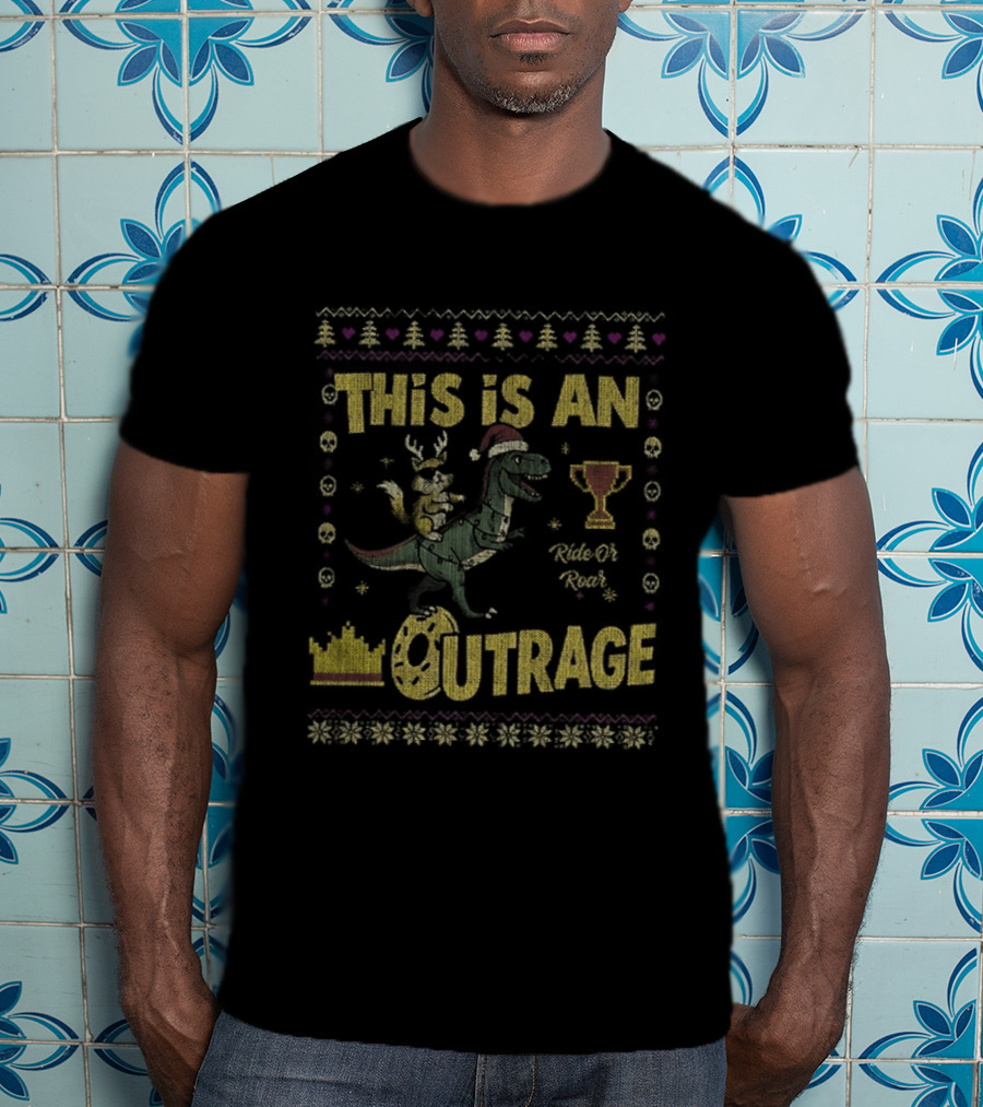 Dungeon Crawler Carl This Is An Outrage Christmas Ugly Achievement Crown Trophy Dinosaur Santa Hat T-Shirt