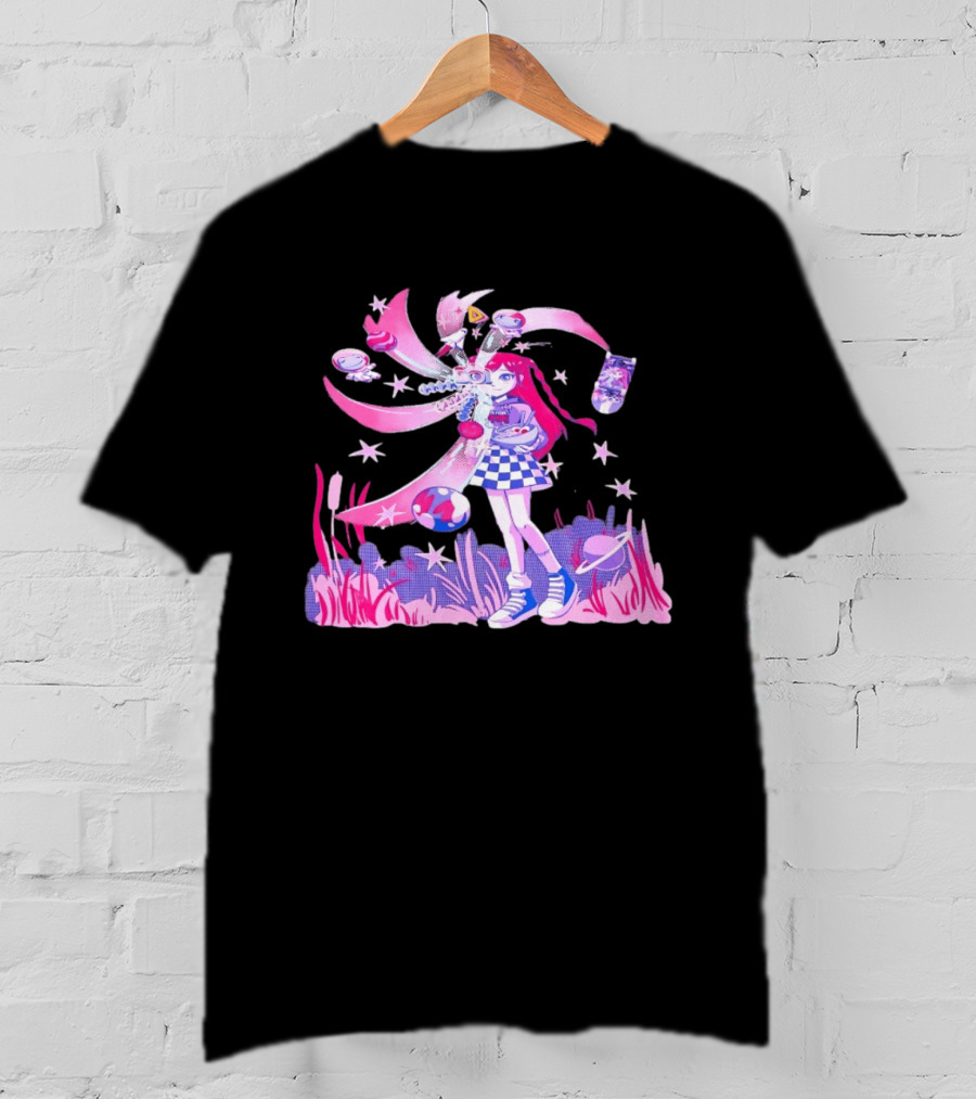Anime Girl Space Ramen Checkered Skirt Pink Cosmic Stars T-Shirt