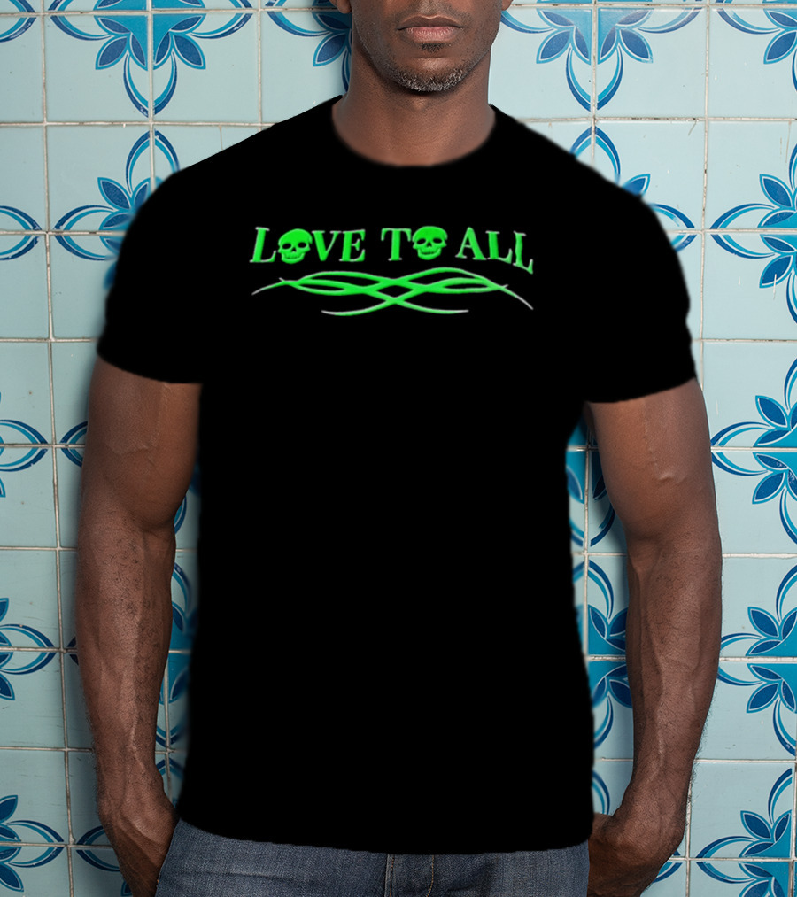 Love TO ALL Green Skulls Tribal Line Vibrant Neon Aesthetic T-Shirt