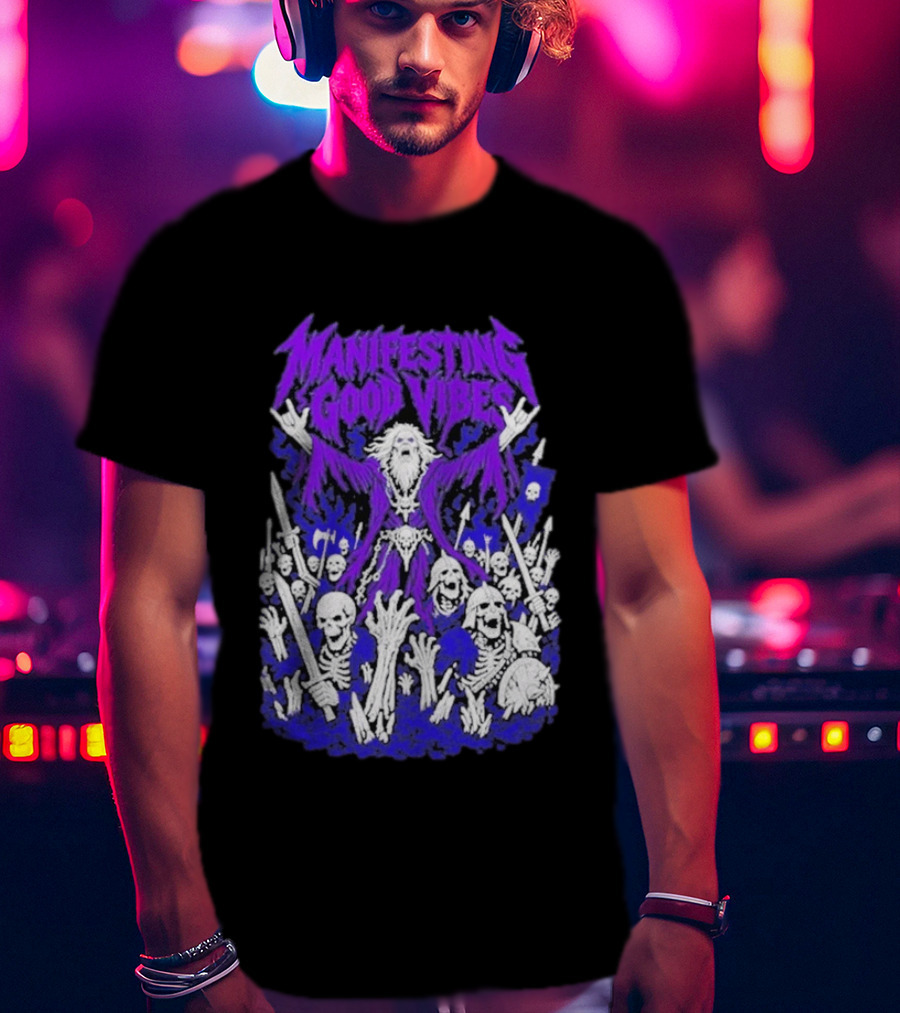 Manifesting Good Vibes Necromancer Skeleton Wizard T-Shirt