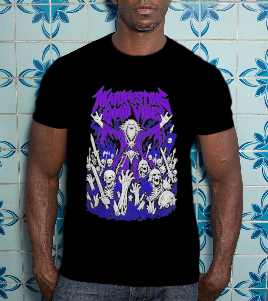 Manifesting Good Vibes Necromancer Skeleton Wizard T-Shirt