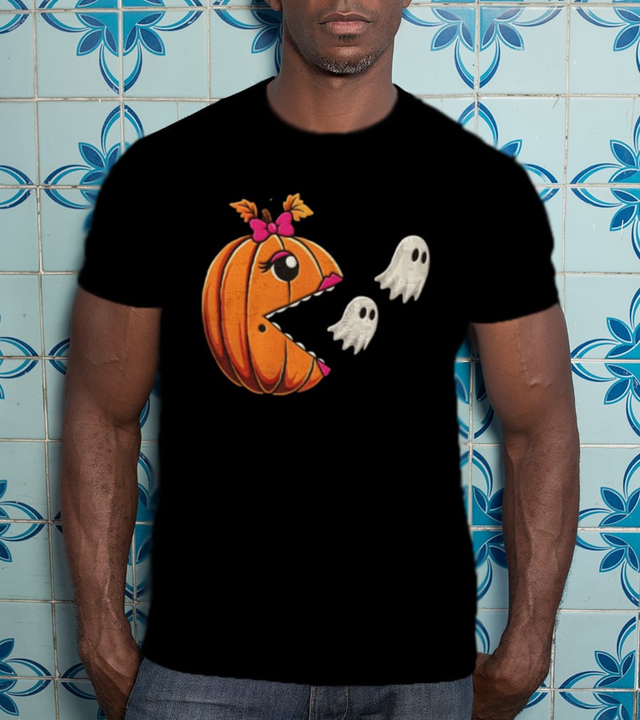 Ms Pac Man Pumpkin Shape Halloween Ghosts T-Shirt