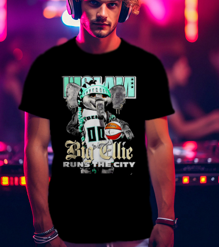 New York Liberty Big Ellie Runs The City Statue Crown Basketball T-Shirt