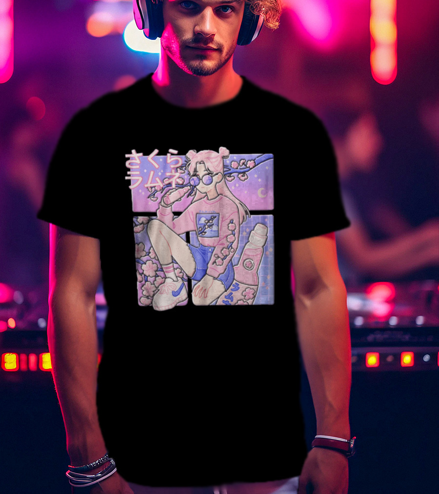 Anime Girl Drinking Pink Soda Sakura Blossoms Pastel Aesthetic T-Shirt