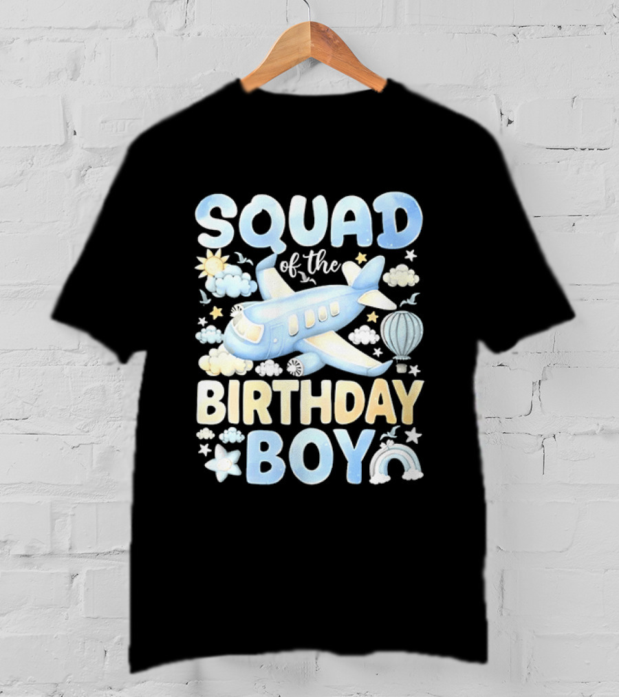 Squad Of The Birthday Boy Airplane Cloud Adventure With Stars And Balloons T-Shirt