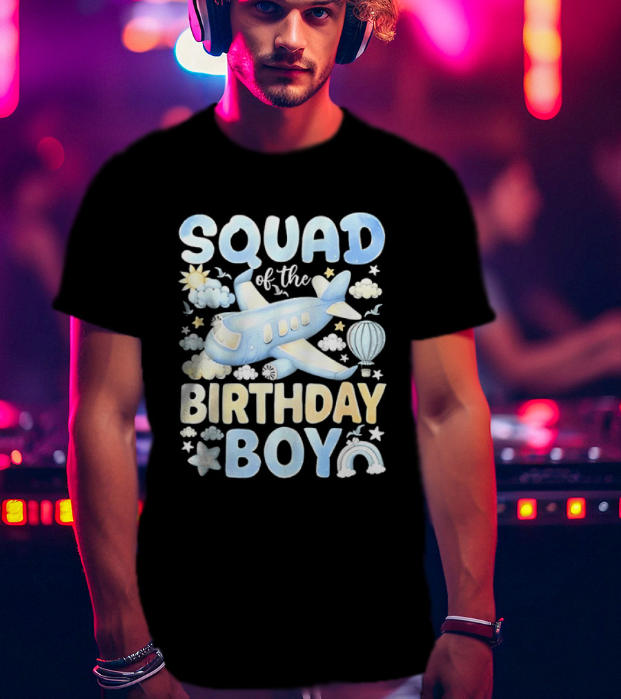 Squad Of The Birthday Boy Airplane Cloud Adventure With Stars And Balloons T-Shirt