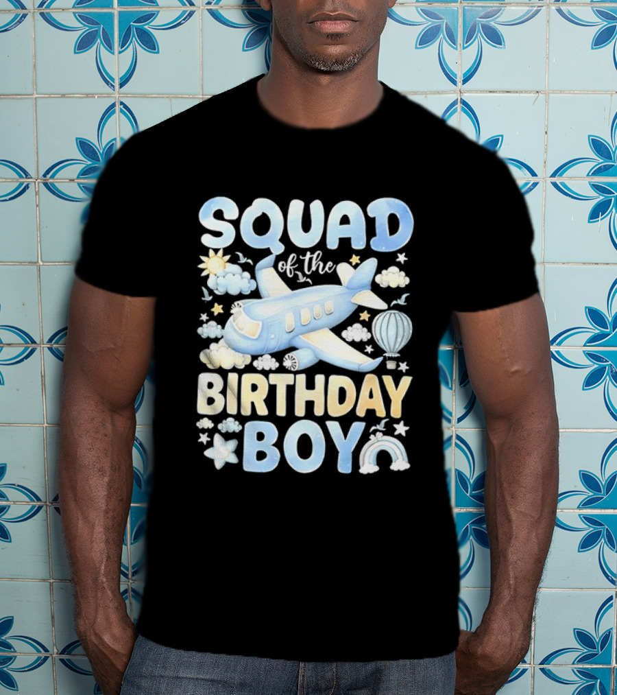 Squad Of The Birthday Boy Airplane Cloud Adventure With Stars And Balloons T-Shirt