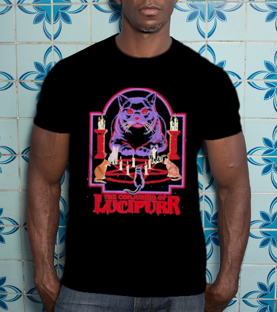 The Conjuring Of Lucipurr Cat Candle Pentagram Ritual T-Shirt
