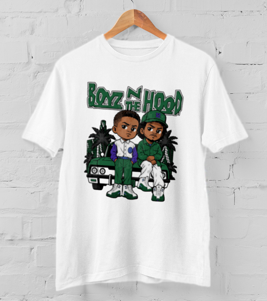 Boyz N The Hood Cartoon Boys Green Car Palm Trees T-Shirt