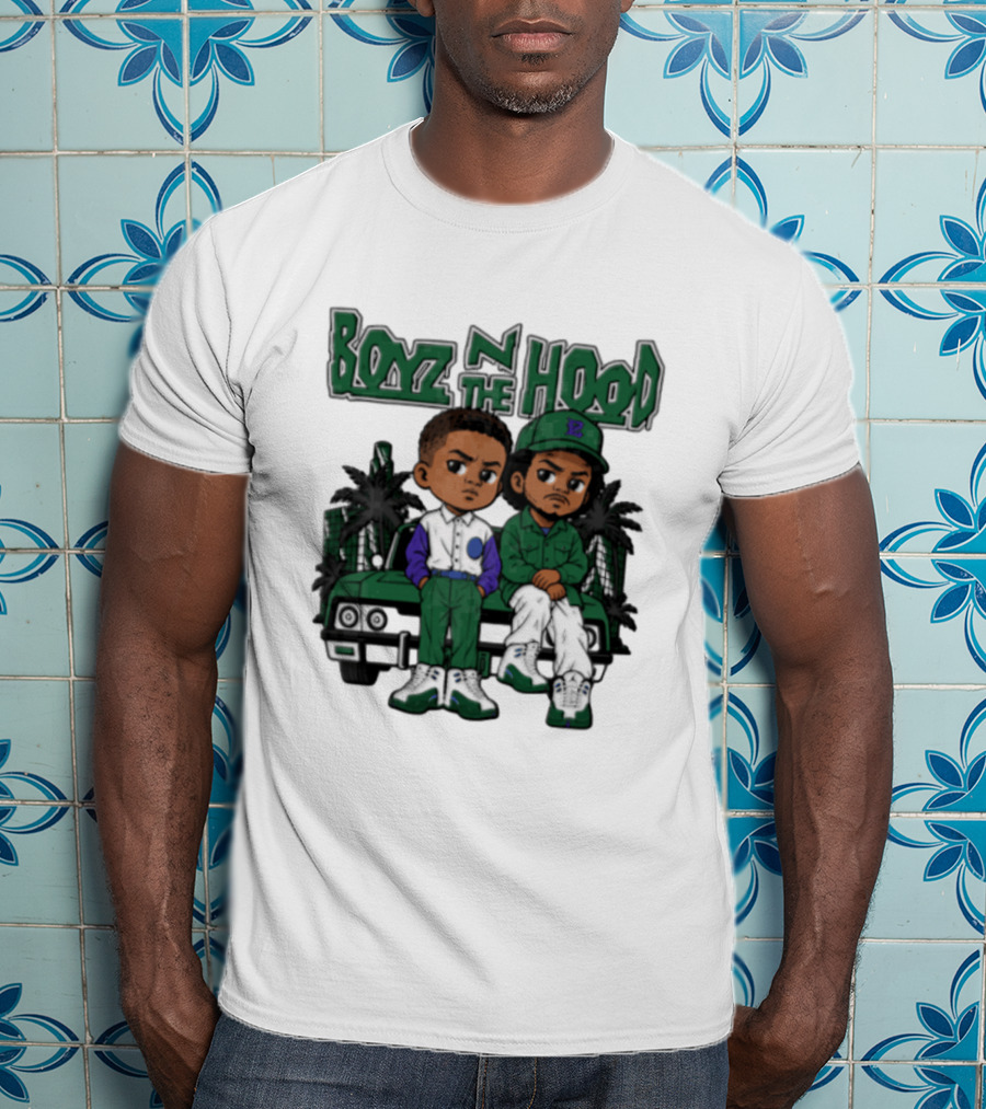 Boyz N The Hood Cartoon Boys Green Car Palm Trees T-Shirt