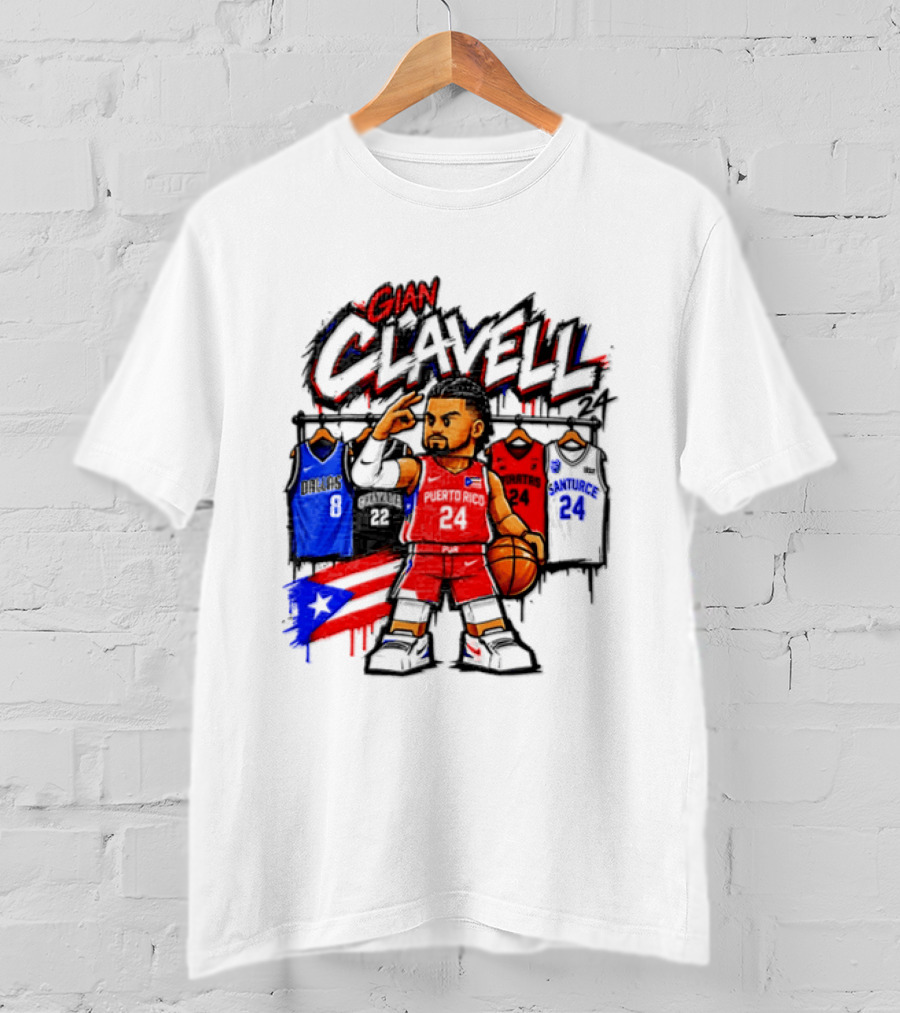 Gian Clavell Puerto Rico Basketball Cartoon With Jersey Collection And Flag T-Shirt