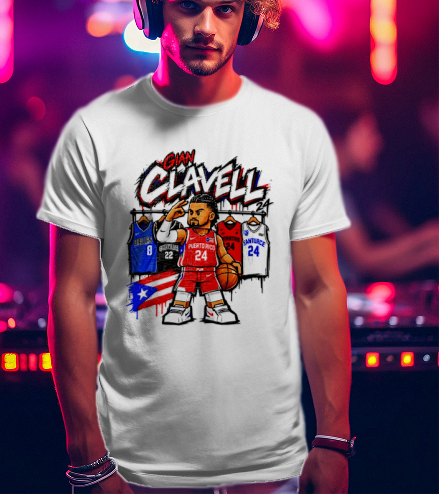 Gian Clavell Puerto Rico Basketball Cartoon With Jersey Collection And Flag T-Shirt