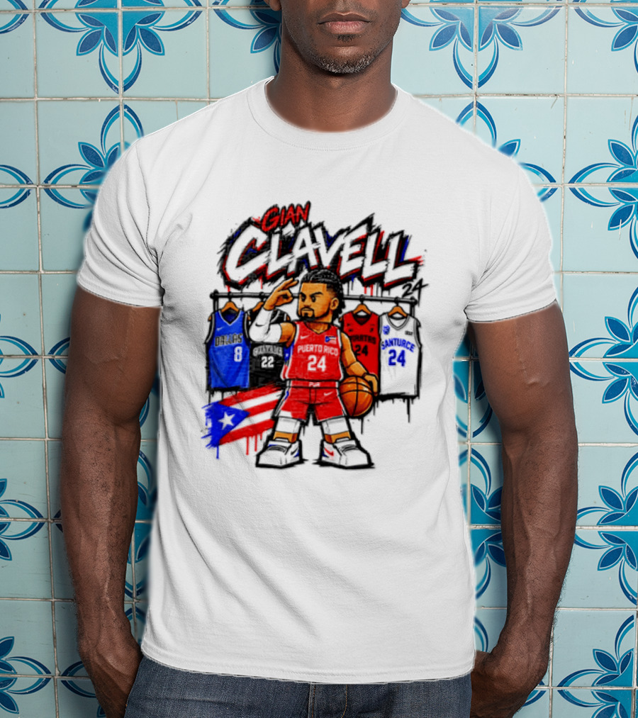 Gian Clavell Puerto Rico Basketball Cartoon With Jersey Collection And Flag T-Shirt