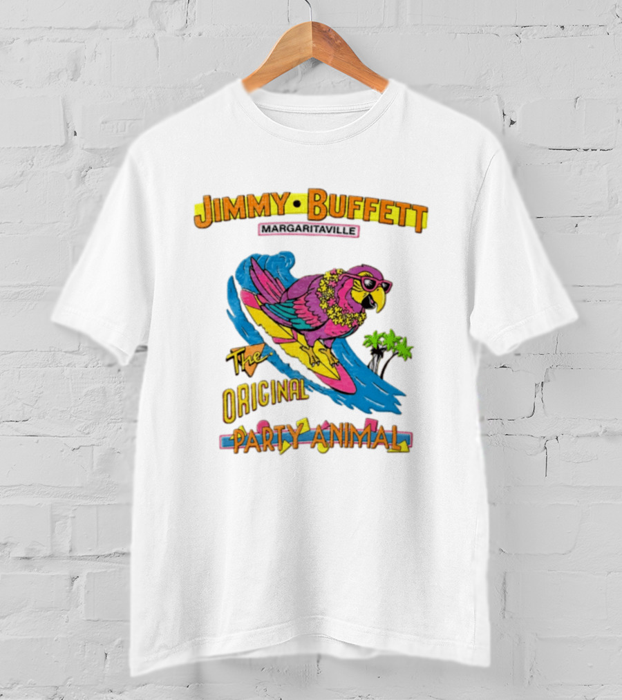 Jimmy Buffett Margaritaville Original Party Animal Parrot Surfing Wave T-Shirt
