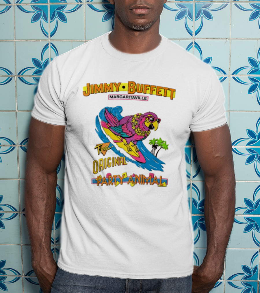 Jimmy Buffett Margaritaville Original Party Animal Parrot Surfing Wave T-Shirt