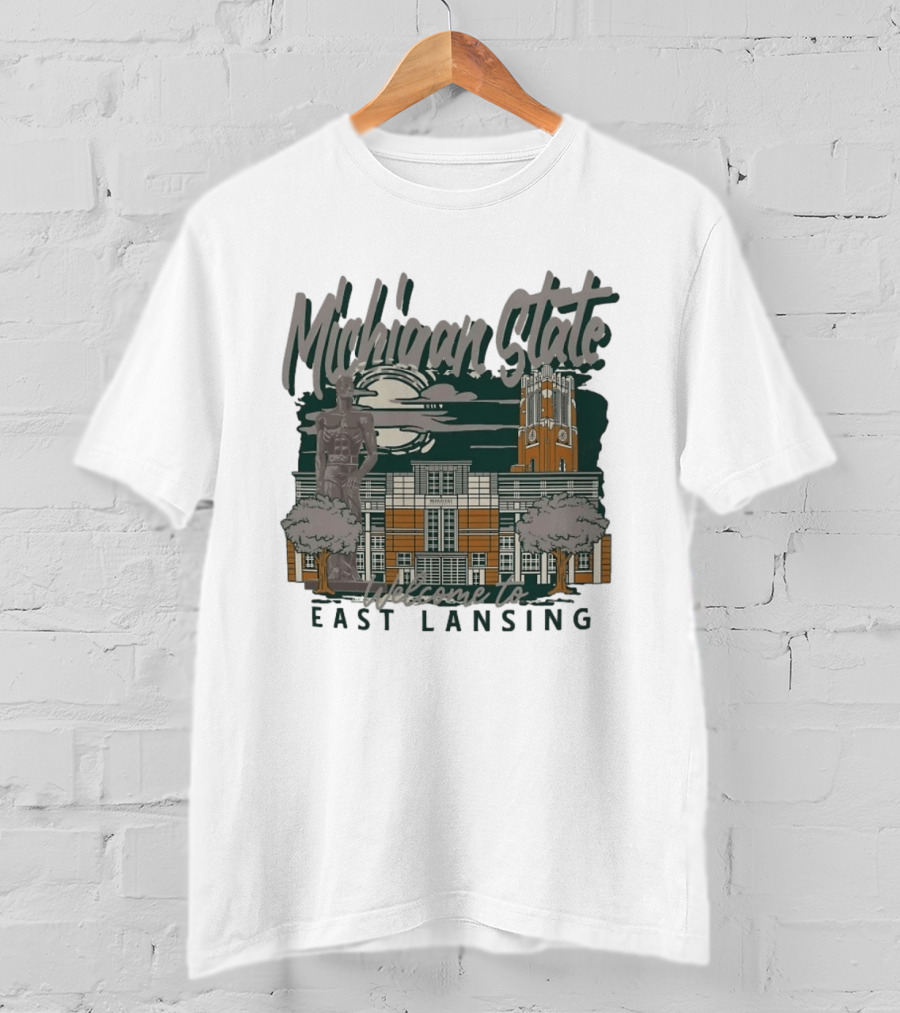 Michigan State University Welcome To East Lansing Scenic Campus Architecture And Famous Spartan Statue T-Shirt