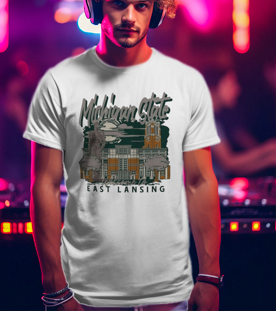 Michigan State University Welcome To East Lansing Scenic Campus Architecture And Famous Spartan Statue T-Shirt