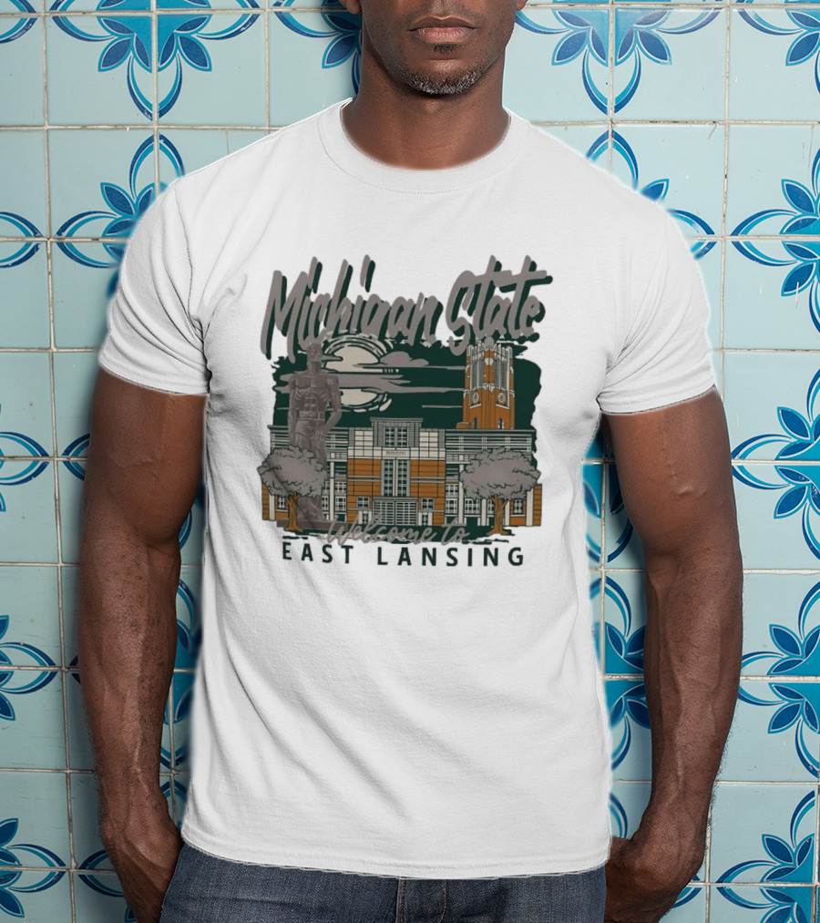 Michigan State University Welcome To East Lansing Scenic Campus Architecture And Famous Spartan Statue T-Shirt