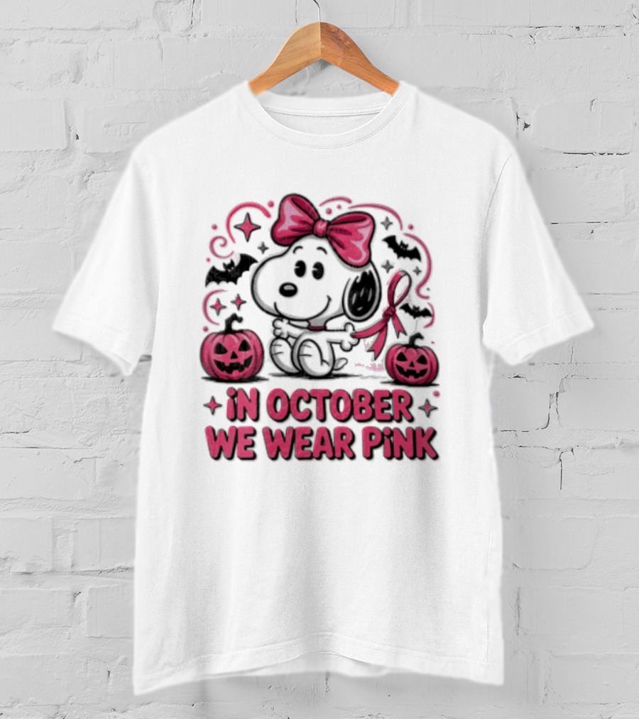 In October We Wear Pink Snoopy Peanuts Halloween Bow Pumpkins Bats T-Shirt