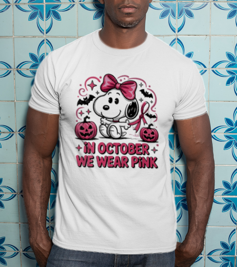 In October We Wear Pink Snoopy Peanuts Halloween Bow Pumpkins Bats T-Shirt