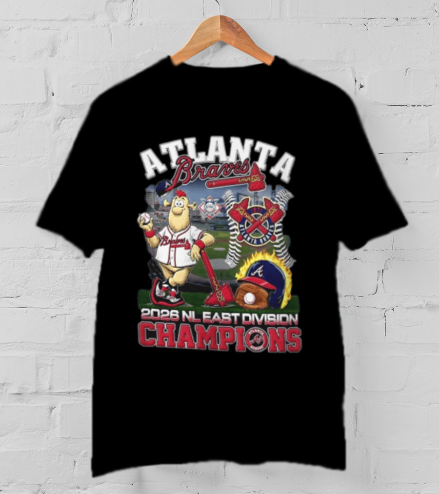 Atlanta Braves 2026 NL East Division Champions Stadium With Mascot And Baseball Bat T-Shirt