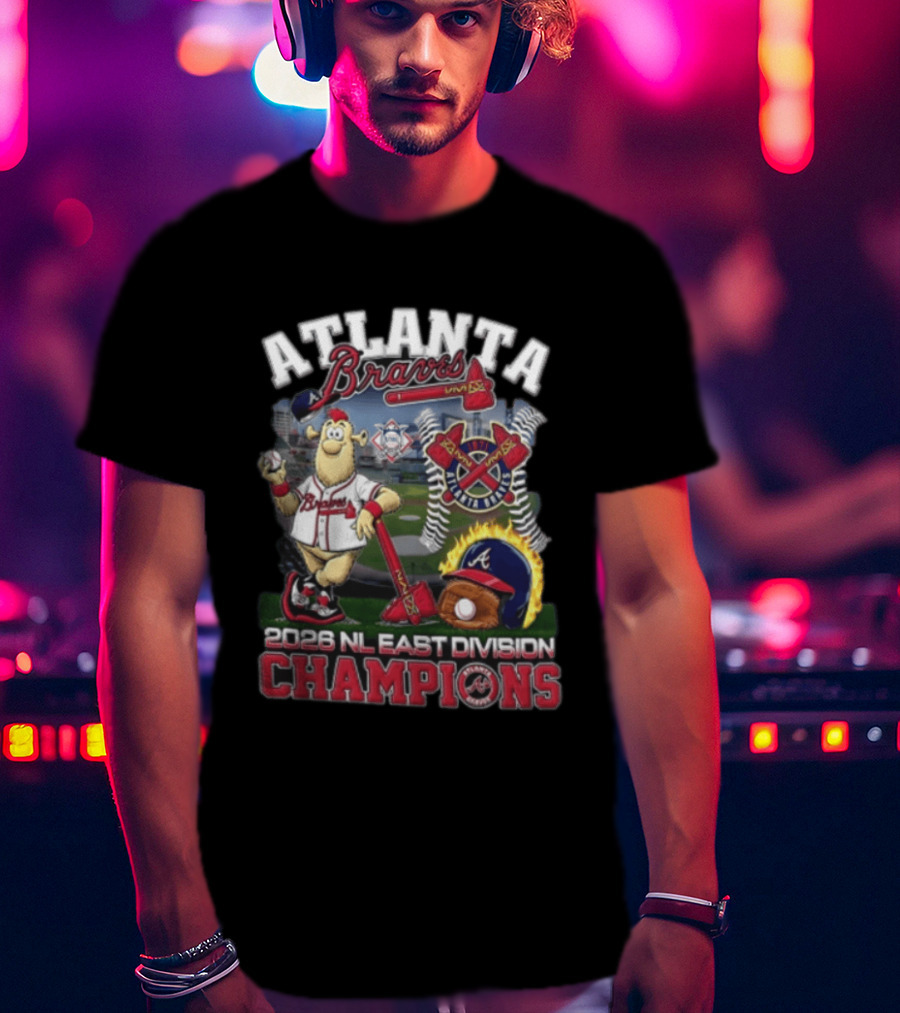 Atlanta Braves 2026 NL East Division Champions Stadium With Mascot And Baseball Bat T-Shirt