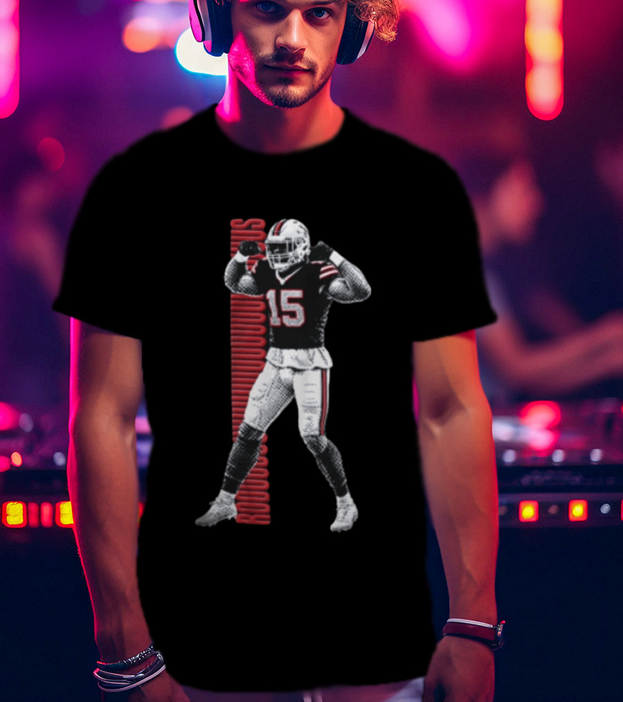 Buffalo Bills Rooouuuuudus 15 Football Player Flexing Arms Halftone NFL Fan T-Shirt