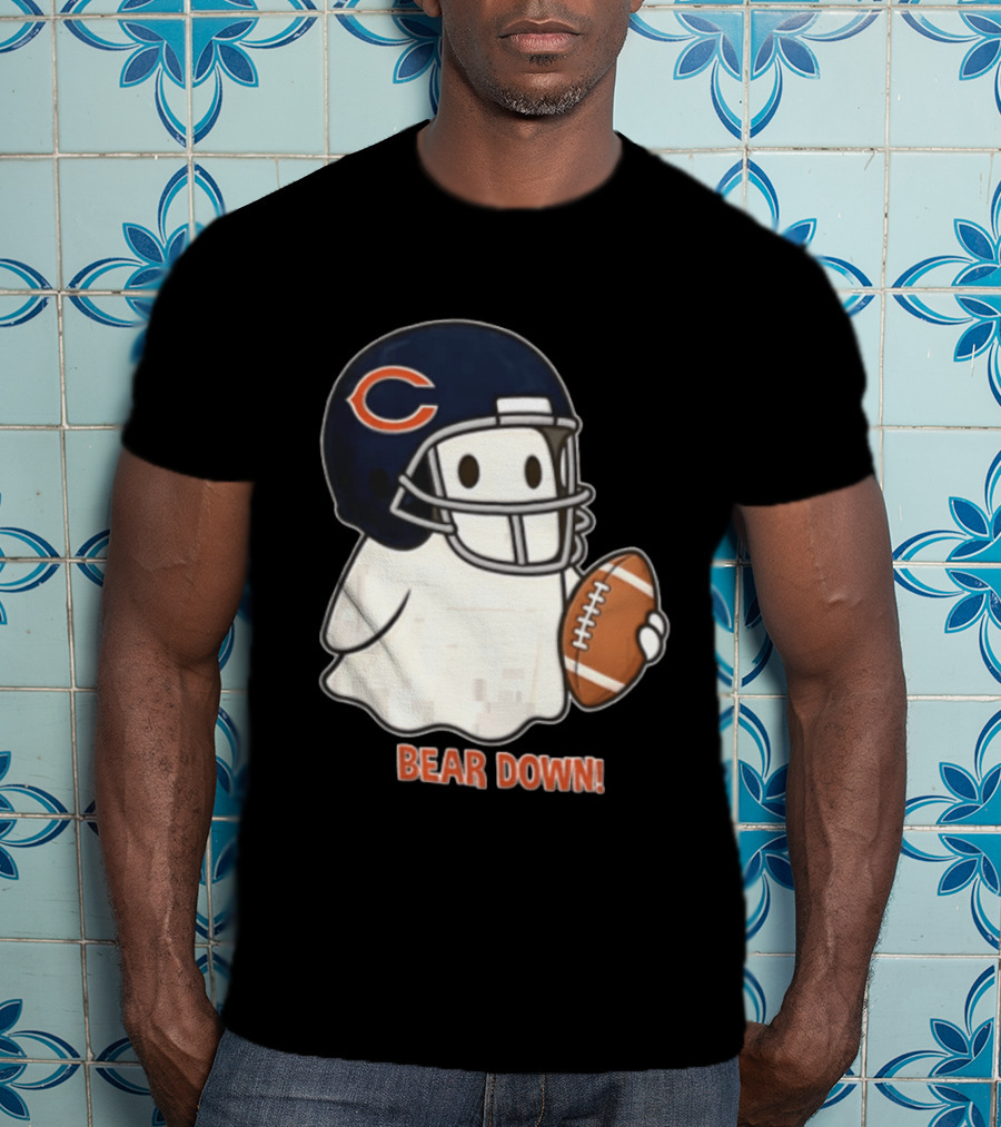 Chicago Bears Bear Down Ghost Football Helmet Holding Ball T-Shirt