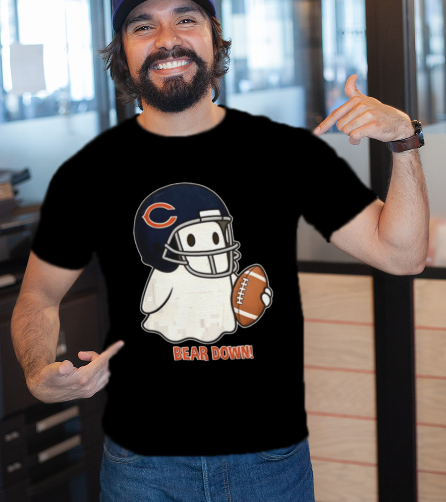 Chicago Bears Bear Down Ghost Football Helmet Holding Ball T-Shirt