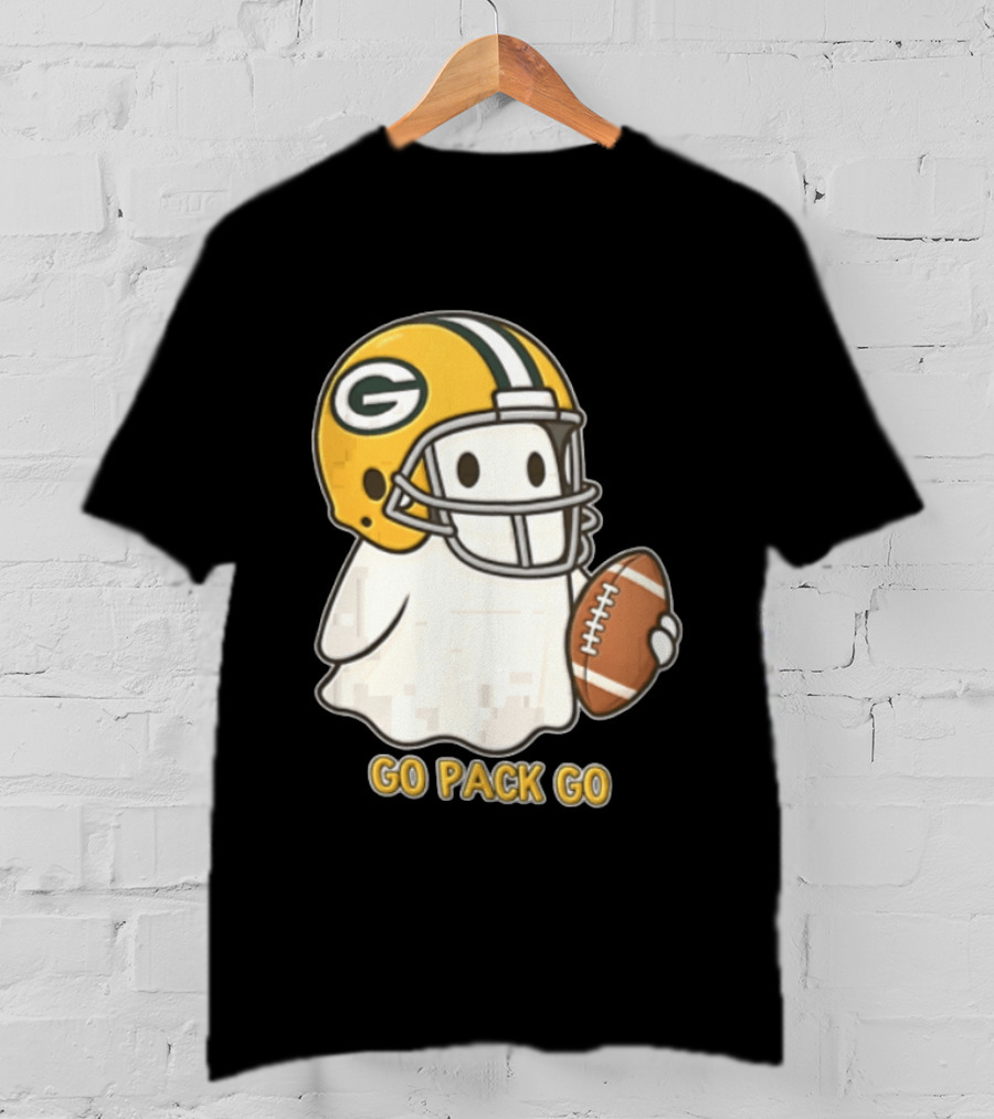 Go Pack Go Ghost With Green Bay Packers Football Helmet And Ball T-Shirt