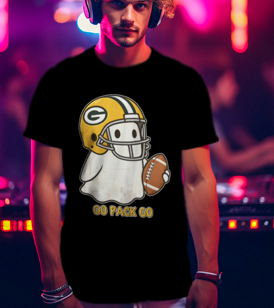 Go Pack Go Ghost With Green Bay Packers Football Helmet And Ball T-Shirt