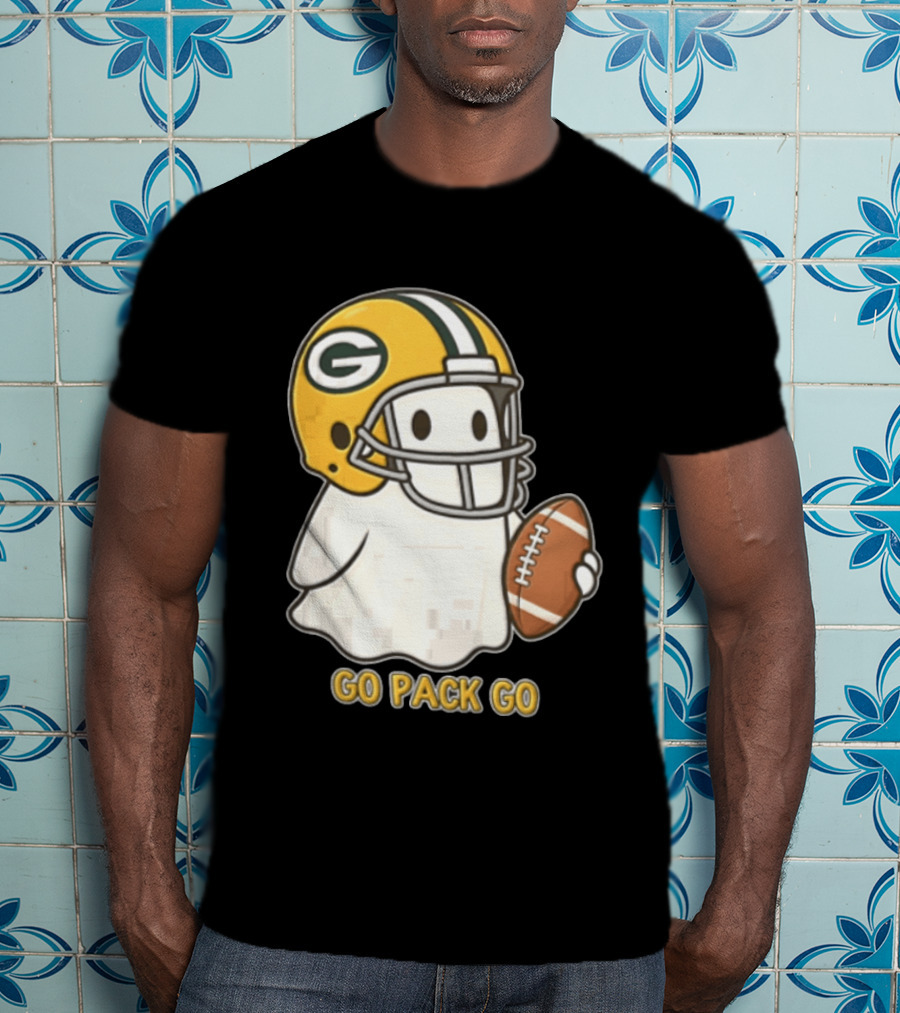 Go Pack Go Ghost With Green Bay Packers Football Helmet And Ball T-Shirt