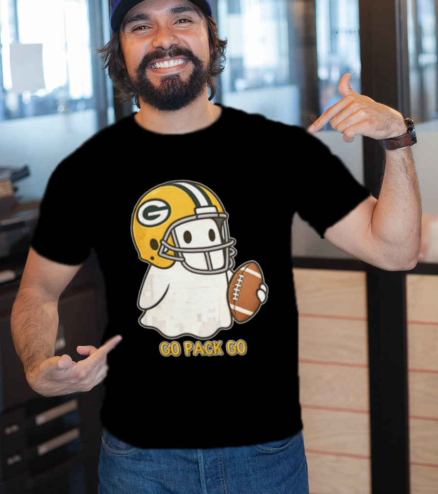 Go Pack Go Ghost With Green Bay Packers Football Helmet And Ball T-Shirt