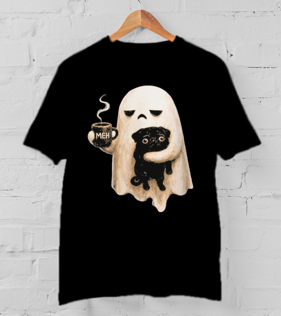 Halloween Meh Ghost Holding Black Pug Dog Lover T-Shirt