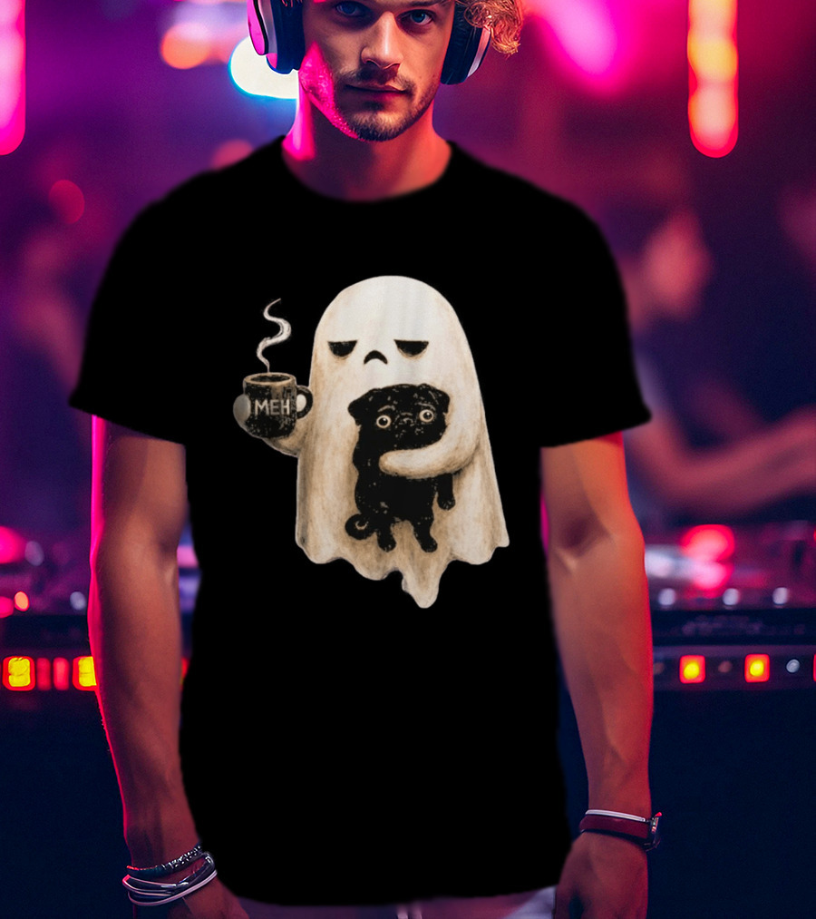 Halloween Meh Ghost Holding Black Pug Dog Lover T-Shirt