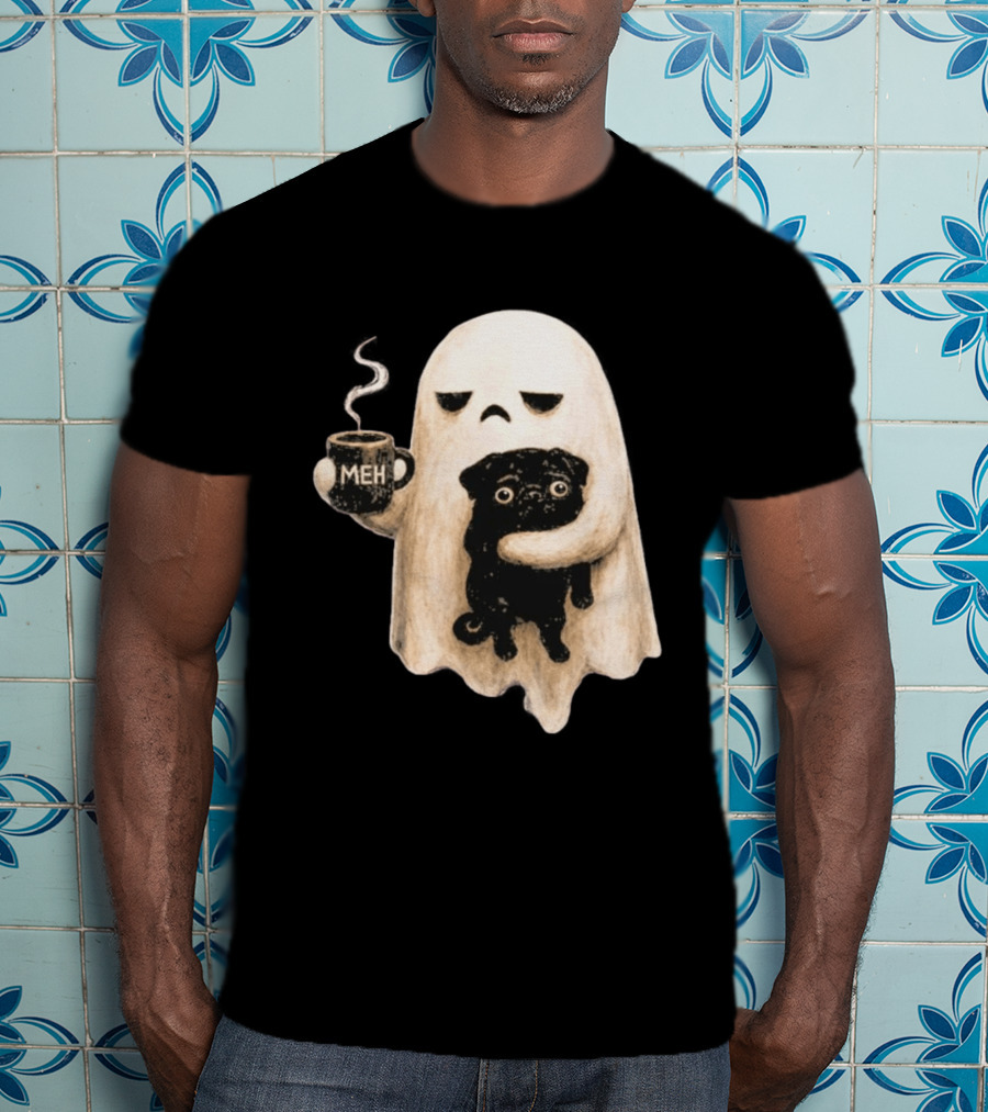 Halloween Meh Ghost Holding Black Pug Dog Lover T-Shirt