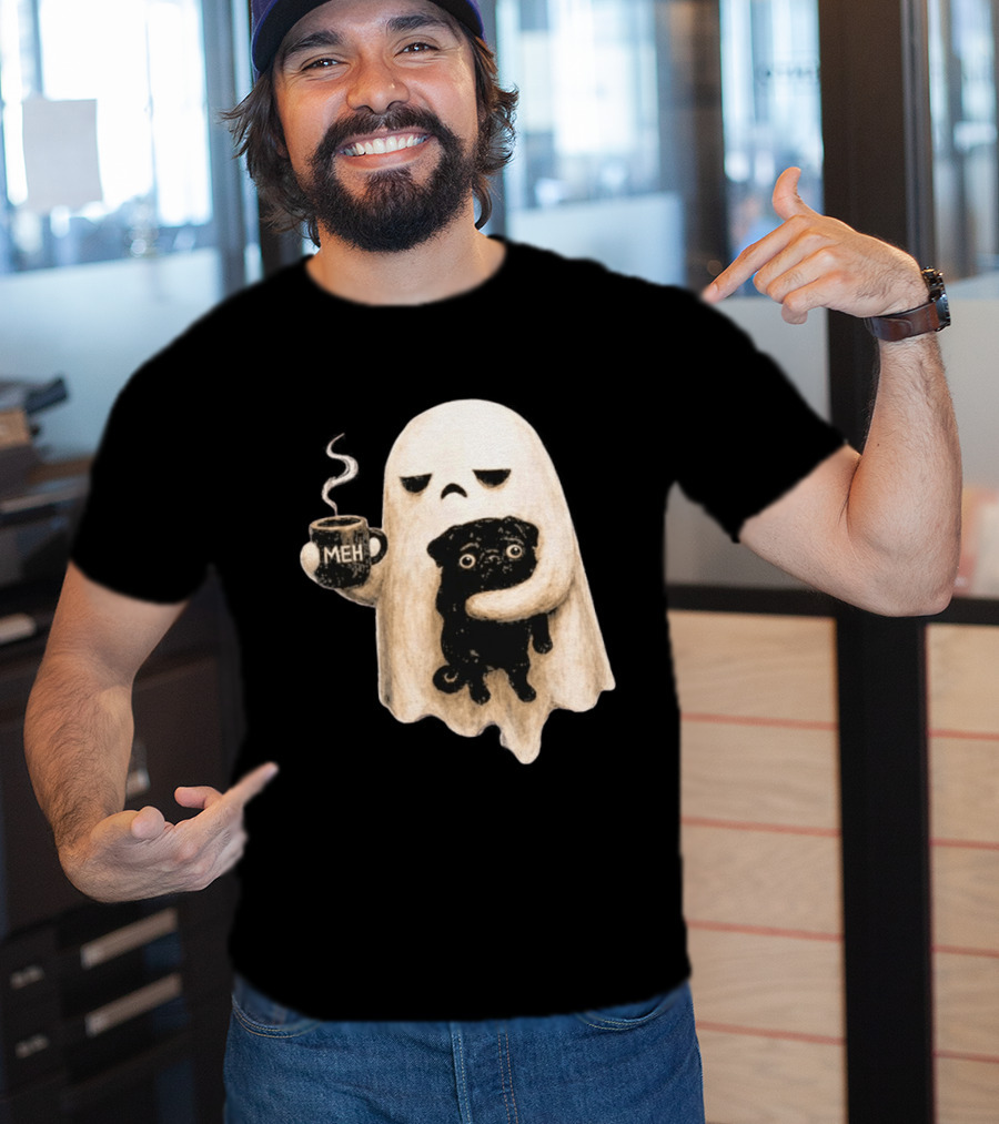 Halloween Meh Ghost Holding Black Pug Dog Lover T-Shirt