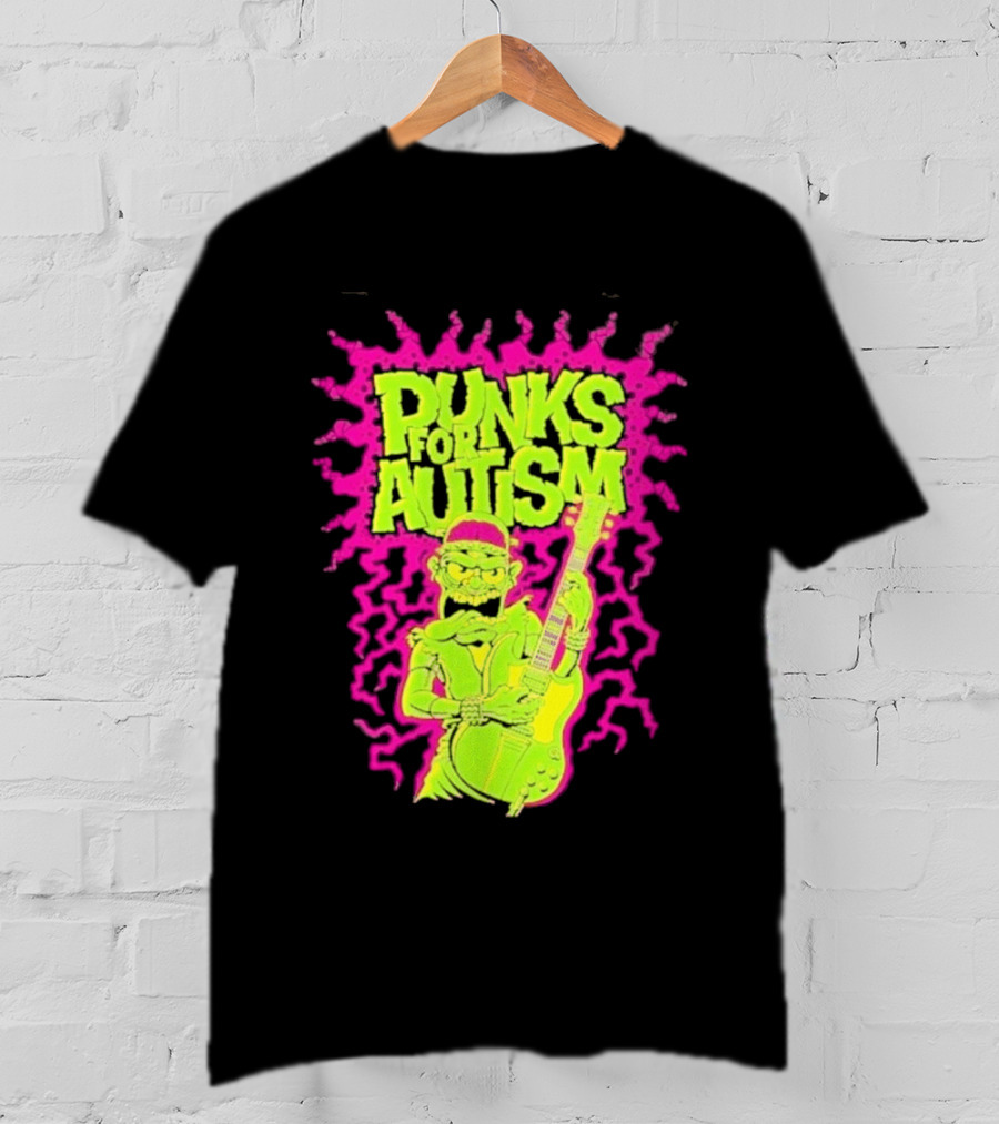Punks For Autism Frankenstein Guitar Player Neon Rock T-Shirt