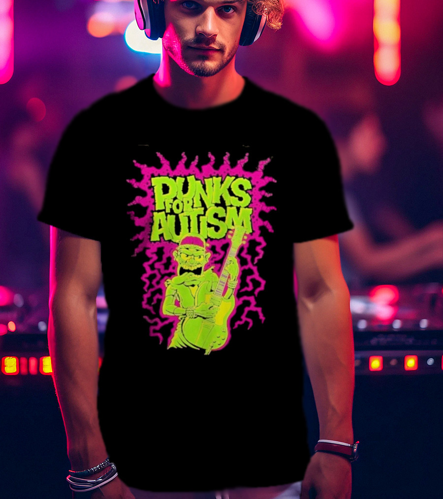 Punks For Autism Frankenstein Guitar Player Neon Rock T-Shirt