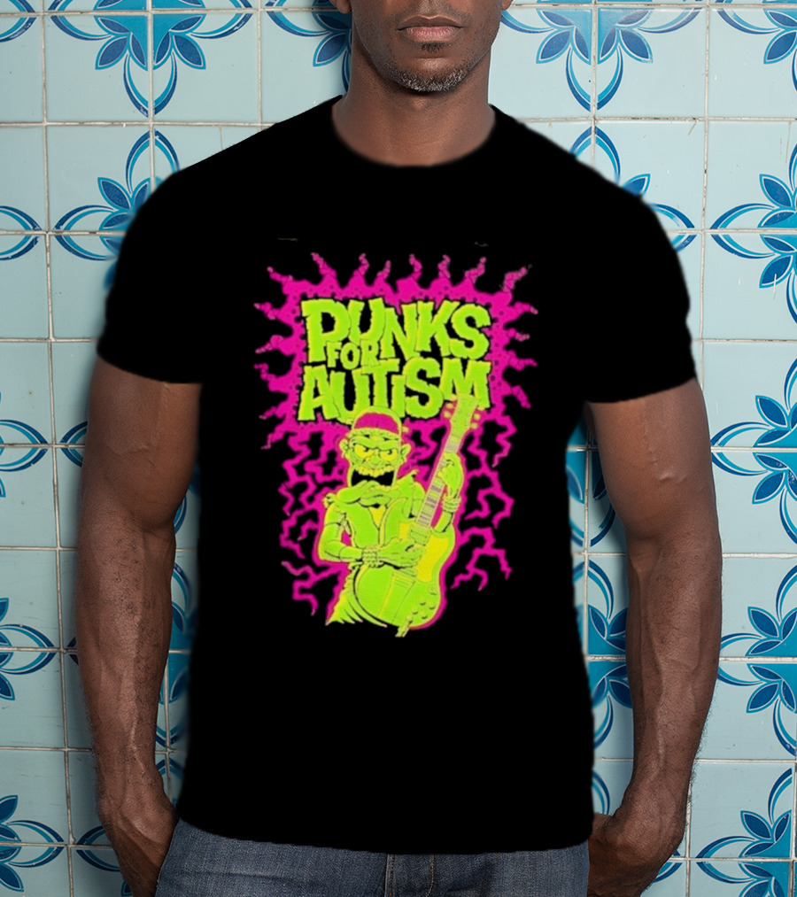 Punks For Autism Frankenstein Guitar Player Neon Rock T-Shirt