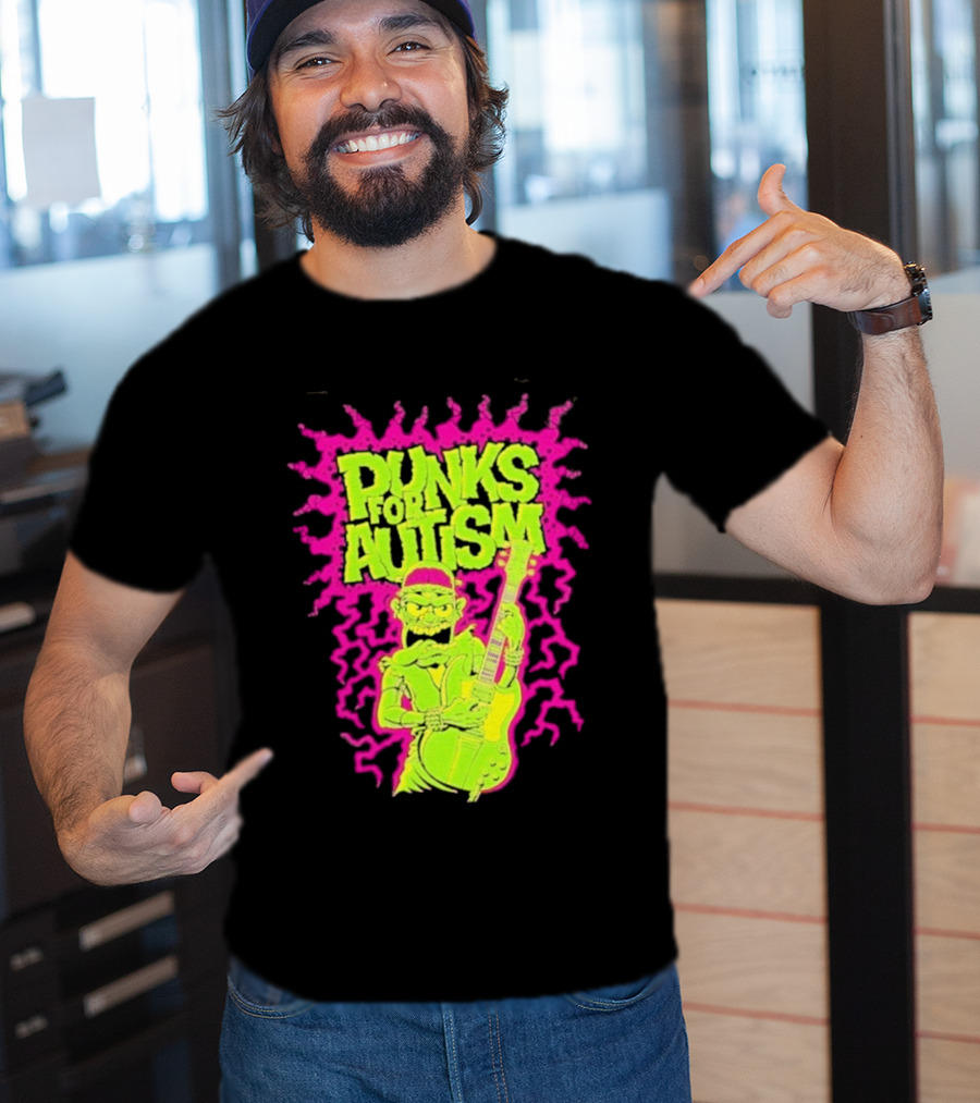 Punks For Autism Frankenstein Guitar Player Neon Rock T-Shirt