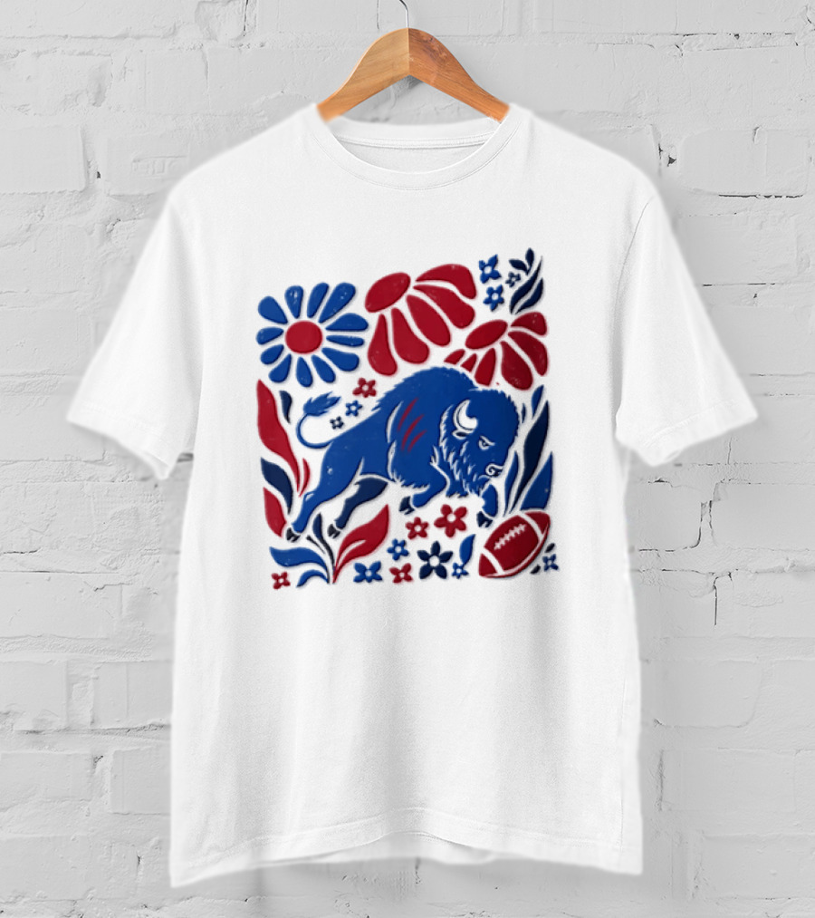 Buffalo Bills Charging Buffalo Red Blue Flowers Football T-Shirt