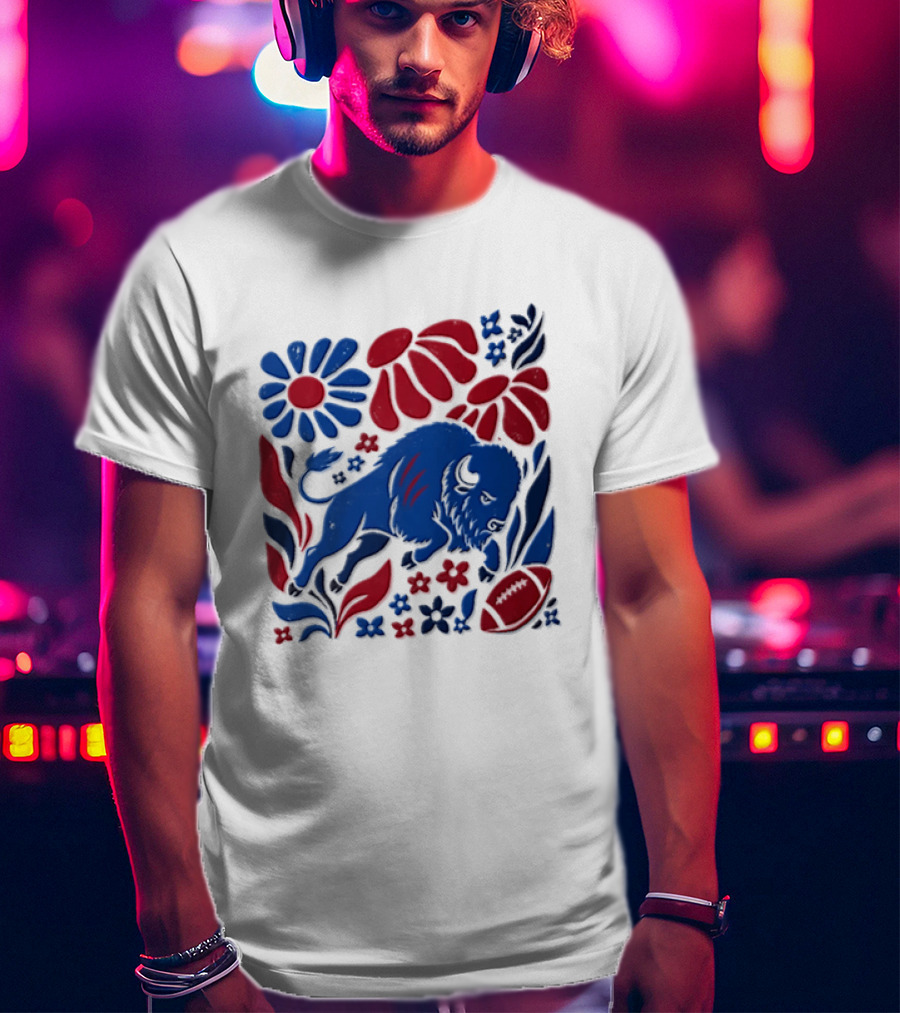 Buffalo Bills Charging Buffalo Red Blue Flowers Football T-Shirt