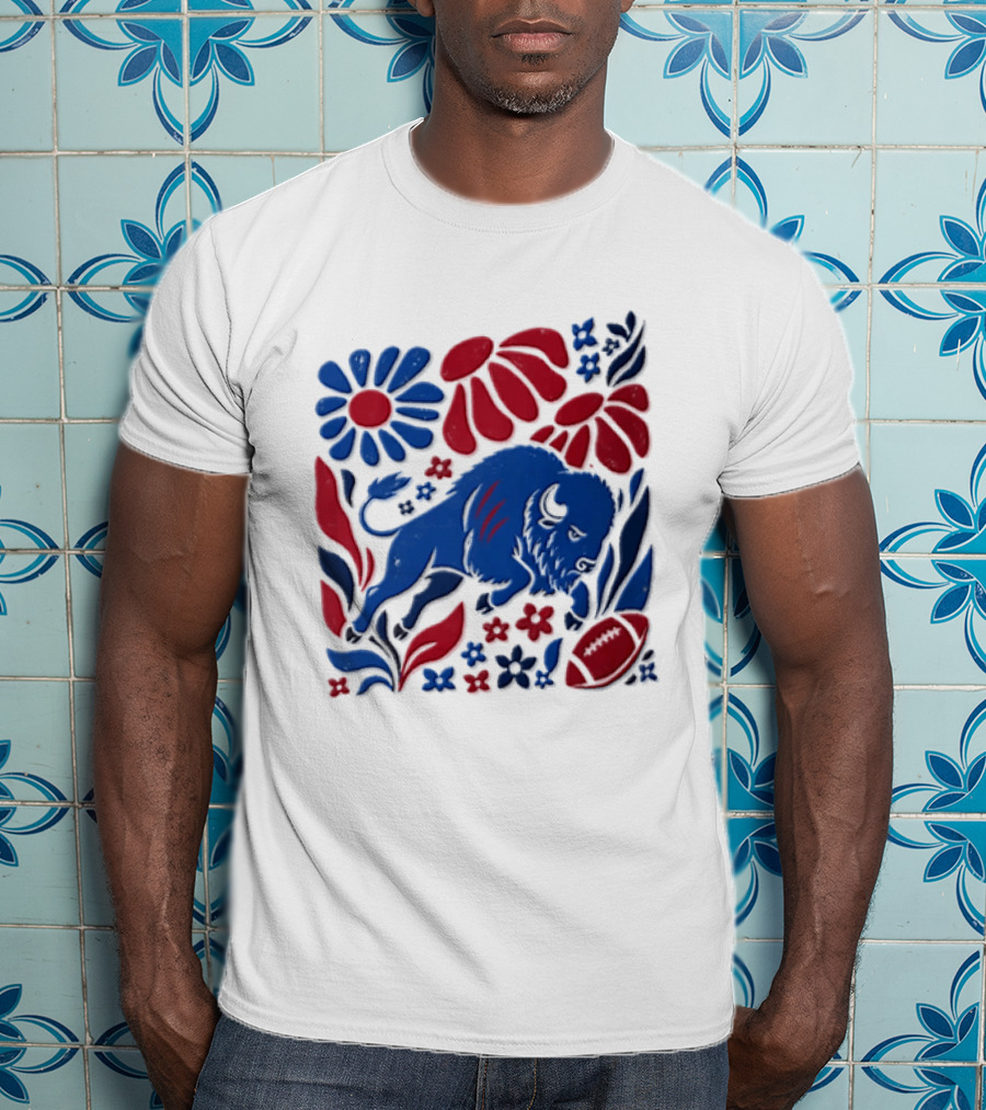 Buffalo Bills Charging Buffalo Red Blue Flowers Football T-Shirt