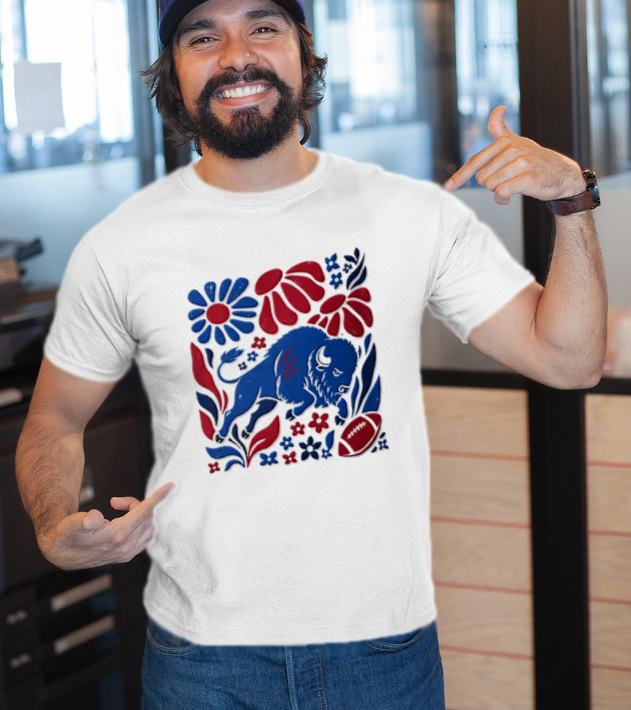Buffalo Bills Charging Buffalo Red Blue Flowers Football T-Shirt