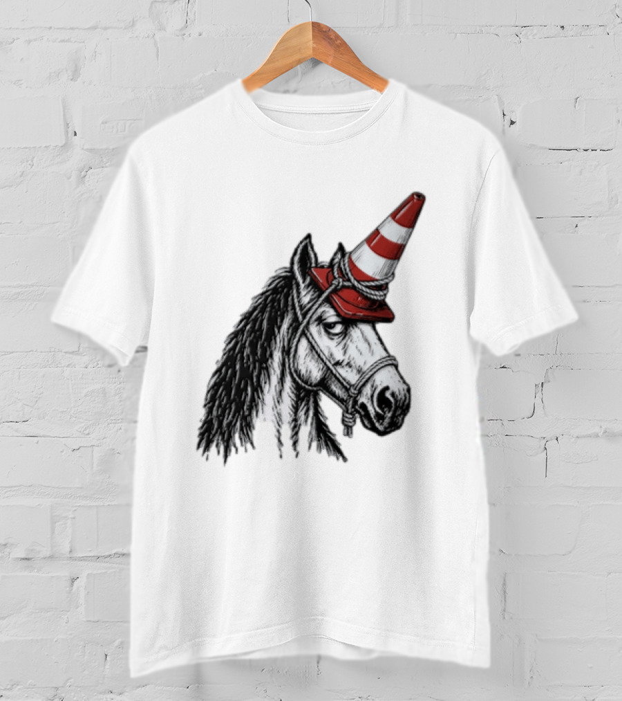 Horse Wearing Red Traffic Cone Hat Rope Accessory T-Shirt
